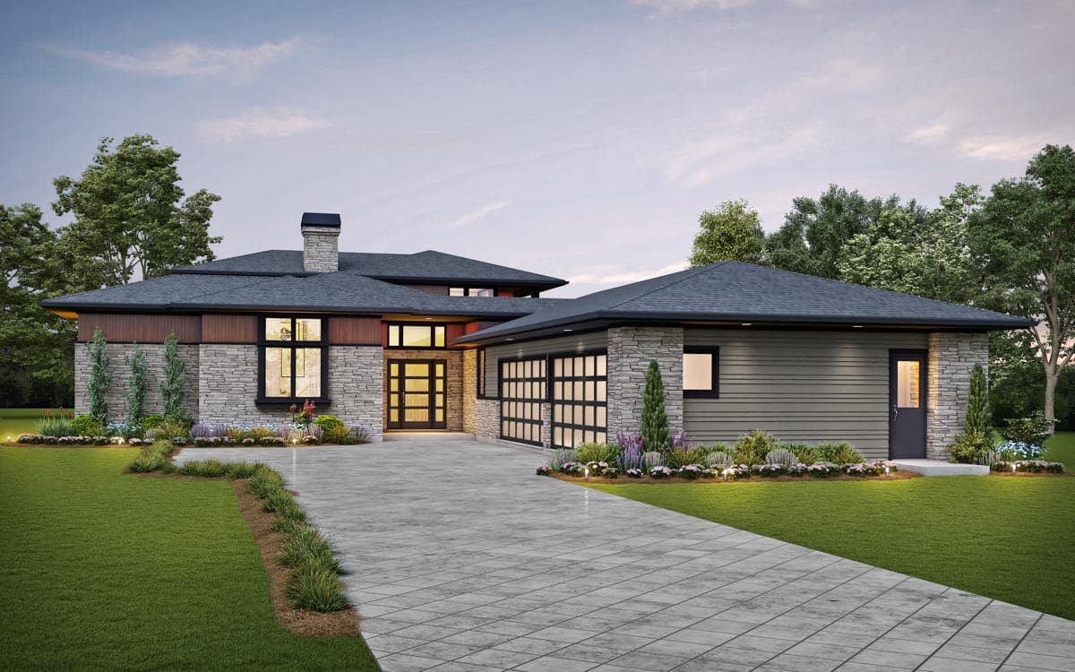 House plan exterior. Modern style with stone and wood siding. Features include a side-entry garage, gabled roof, and a chimney.