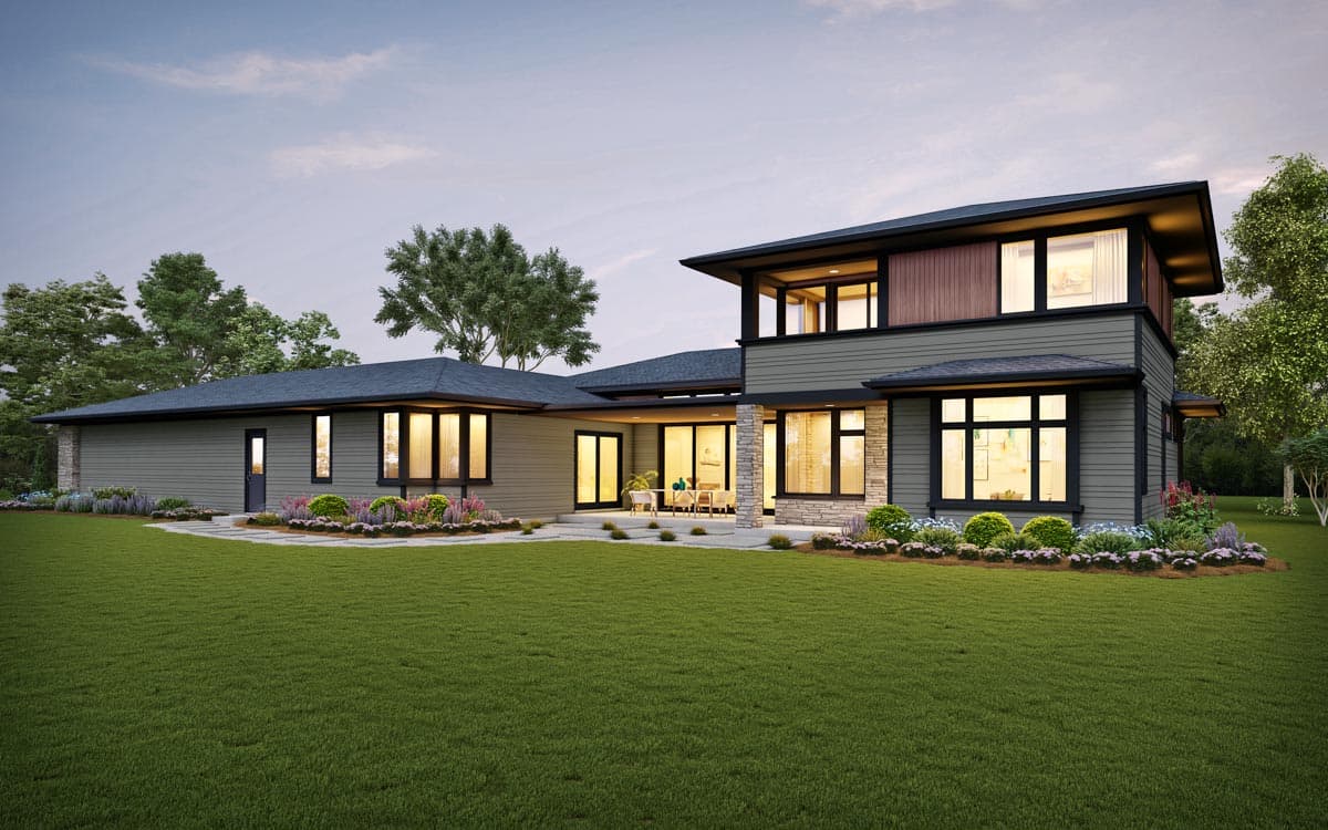 Modern house plan exterior with horizontal siding, stone accents, large windows, and a multi-level roofline.