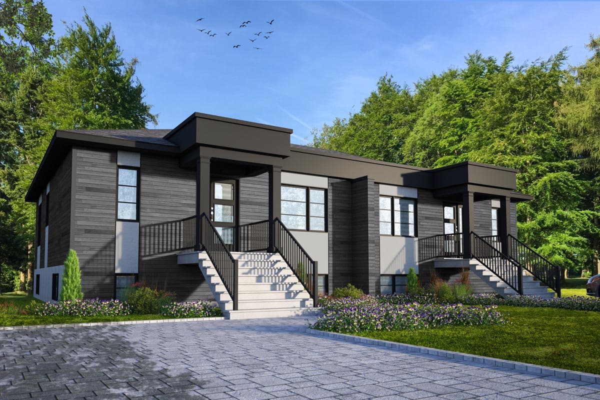 House plan exterior. Modern style, two-story home with covered entry porch, flat roof, and black siding. Features include large windows and stairs.
