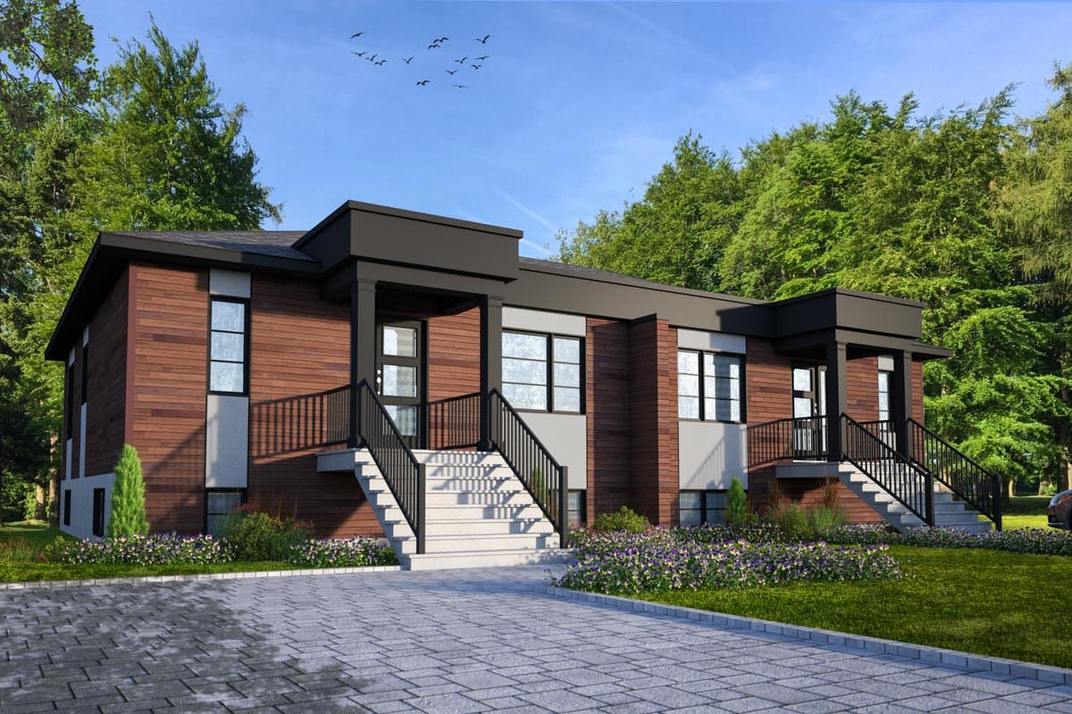 Modern house plan exterior with wood siding, flat roof, multiple entrances with stairs and black railings, and large windows.