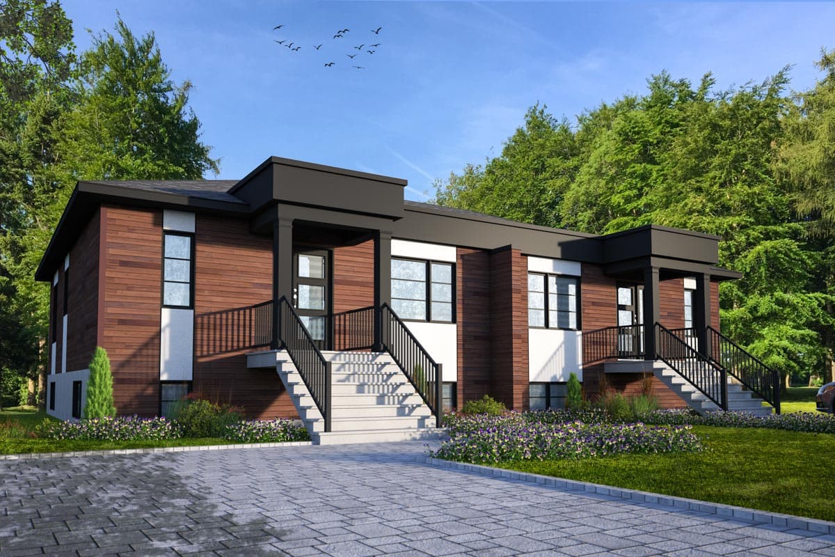 Modern house plan exterior with wood siding, white accents, flat roof, and two entrance stairways with black railings.