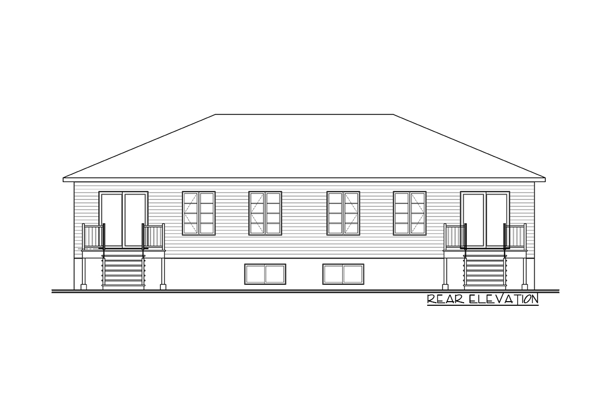 Rear elevation drawing of a house plan, showing siding, two doors with stairs and railings, and multiple windows.