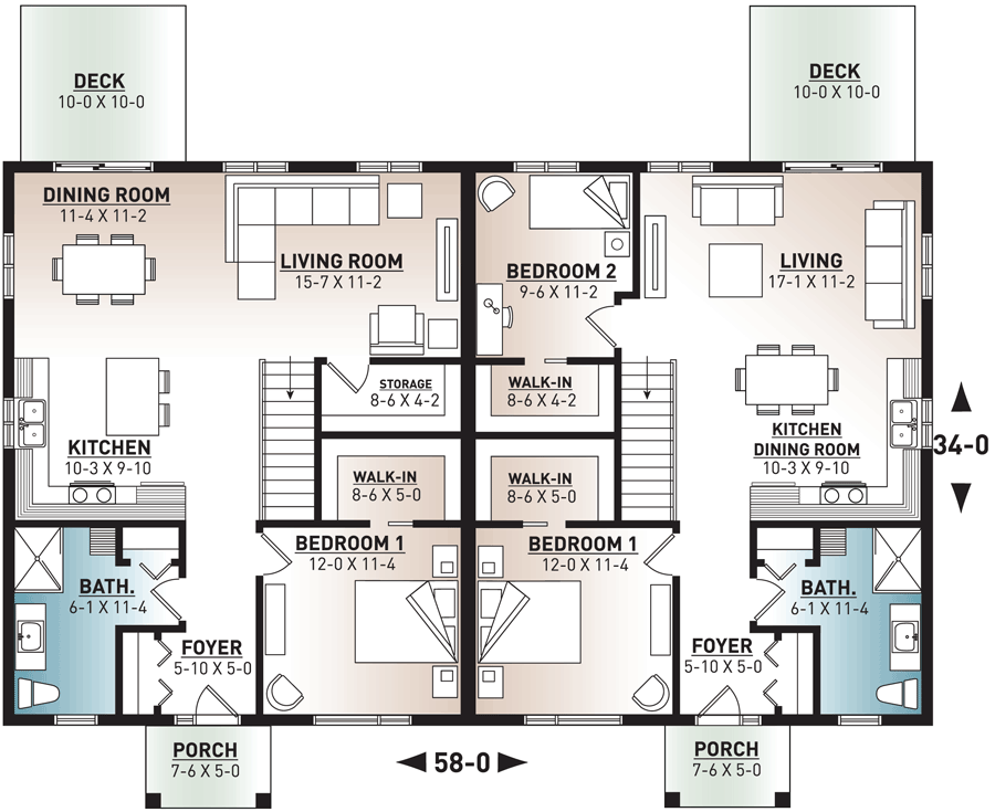 Plan 22544DR: Contemporary Duplex House Plan with Matching Units - Floor Plan - Main Level - Contemporary, Mid Century Modern, Modern, Northwest