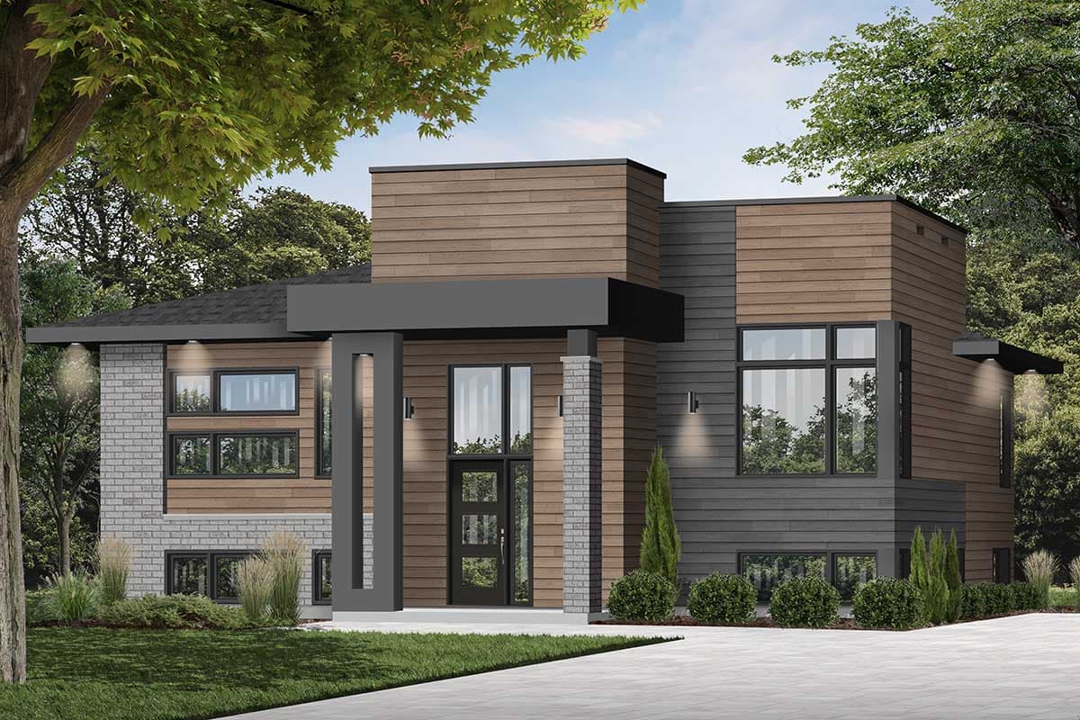 Modern house plan exterior with mixed materials, asymmetrical massing, flat rooflines, and a recessed entry.