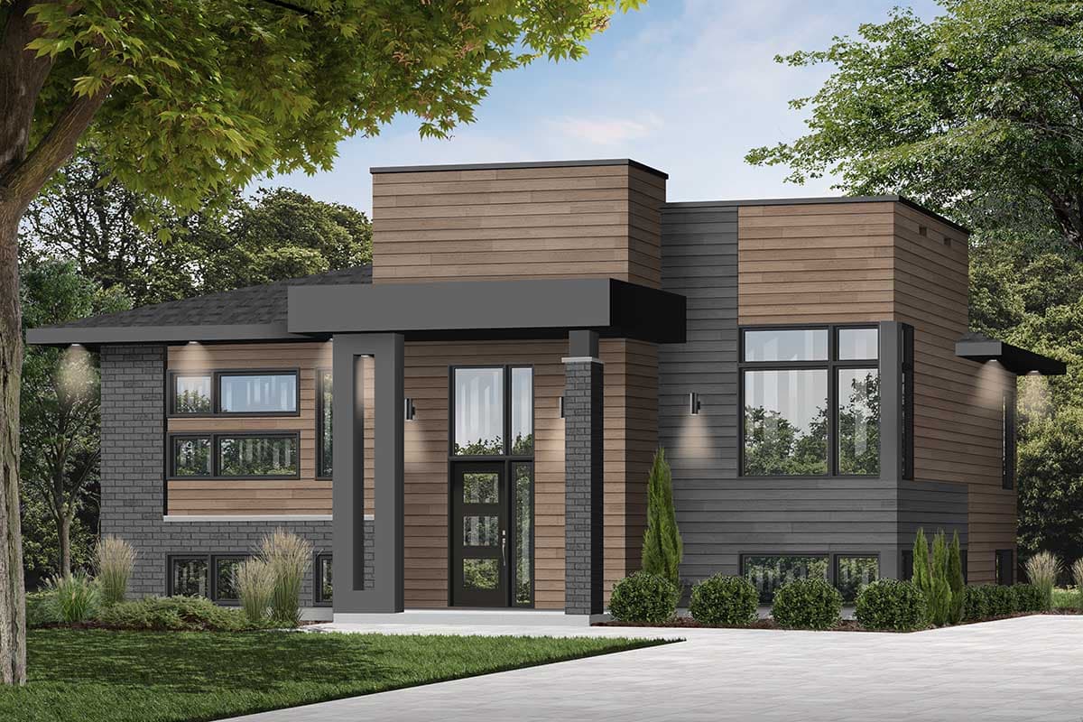 Modern house plan exterior featuring stacked brick, wood siding, flat rooflines, and large windows.