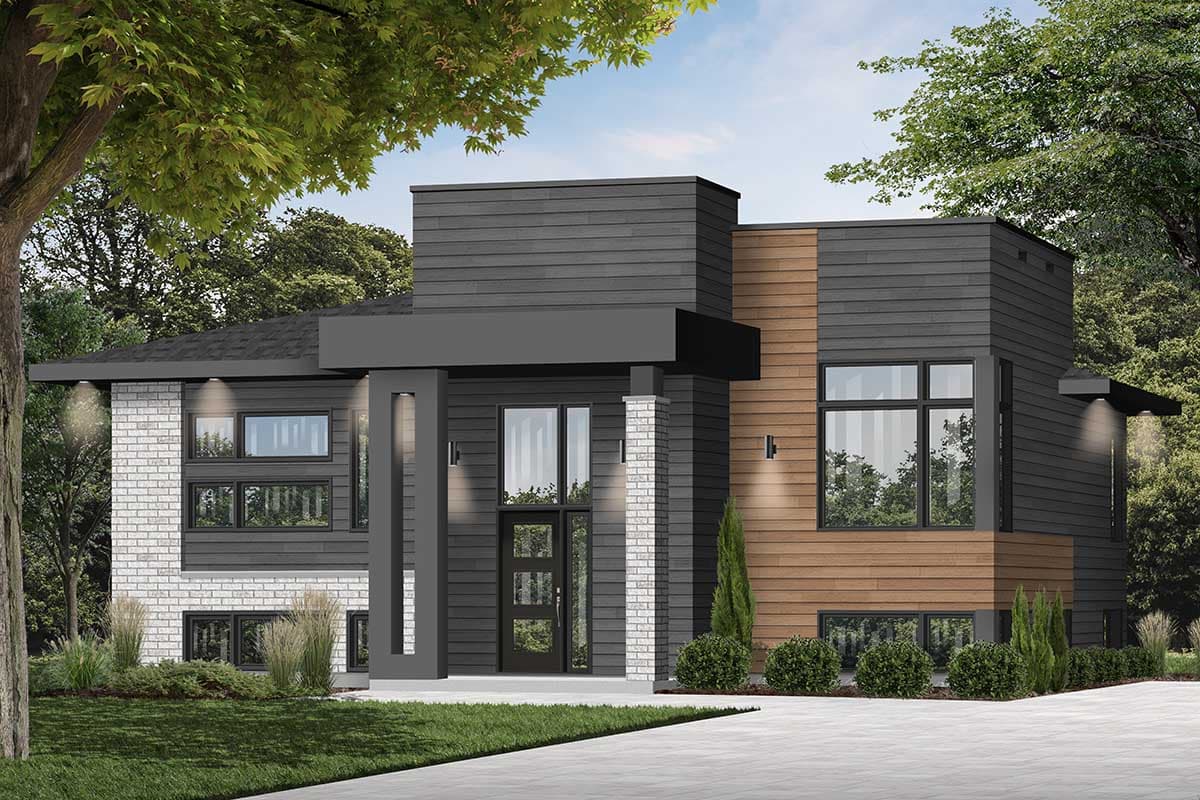 Modern house plan exterior with dark siding, wood accents, white brick base, and multiple large windows.