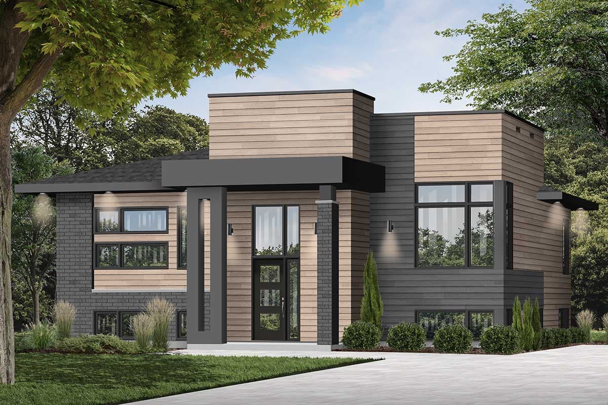 House plan exterior. Modern style, two-story home with flat roof, horizontal siding, and brick accents. Features include an entry portico.