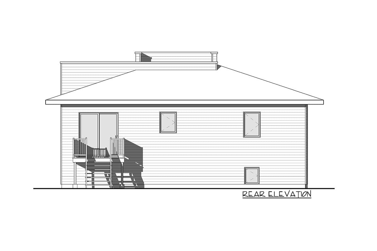 Rear elevation drawing of a house plan with horizontal siding, a sloped roof, and a rear deck with stairs.