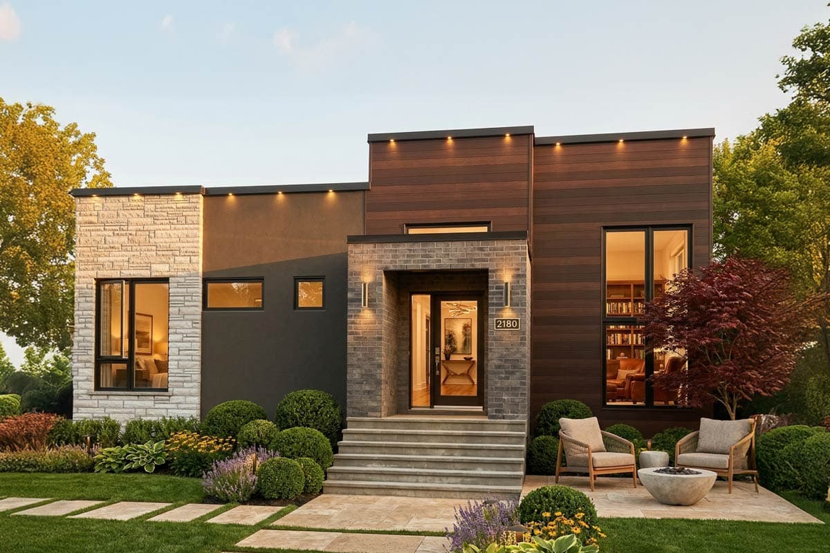 House plan exterior. Modern style, one-story home with flat roof, stone and wood siding, and covered porch.