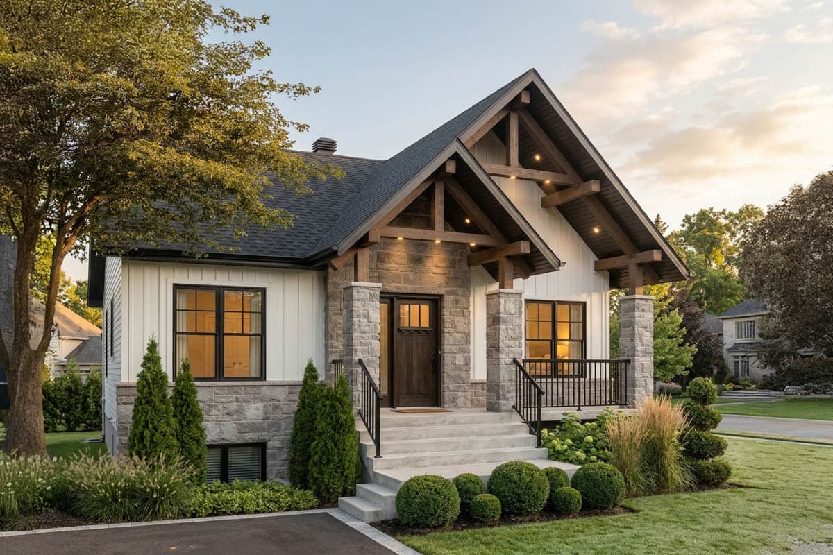 House plan exterior: Modern farmhouse style, one story, with stone and board-and-batten siding, prominent gable with exposed beams, and covered entry.