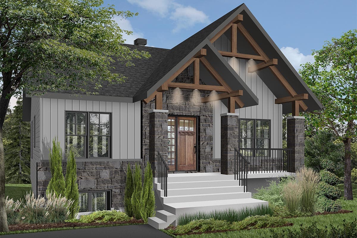 Modern Farmhouse house plan exterior with stone accents, prominent timber framing, and a covered front entrance with wide steps.