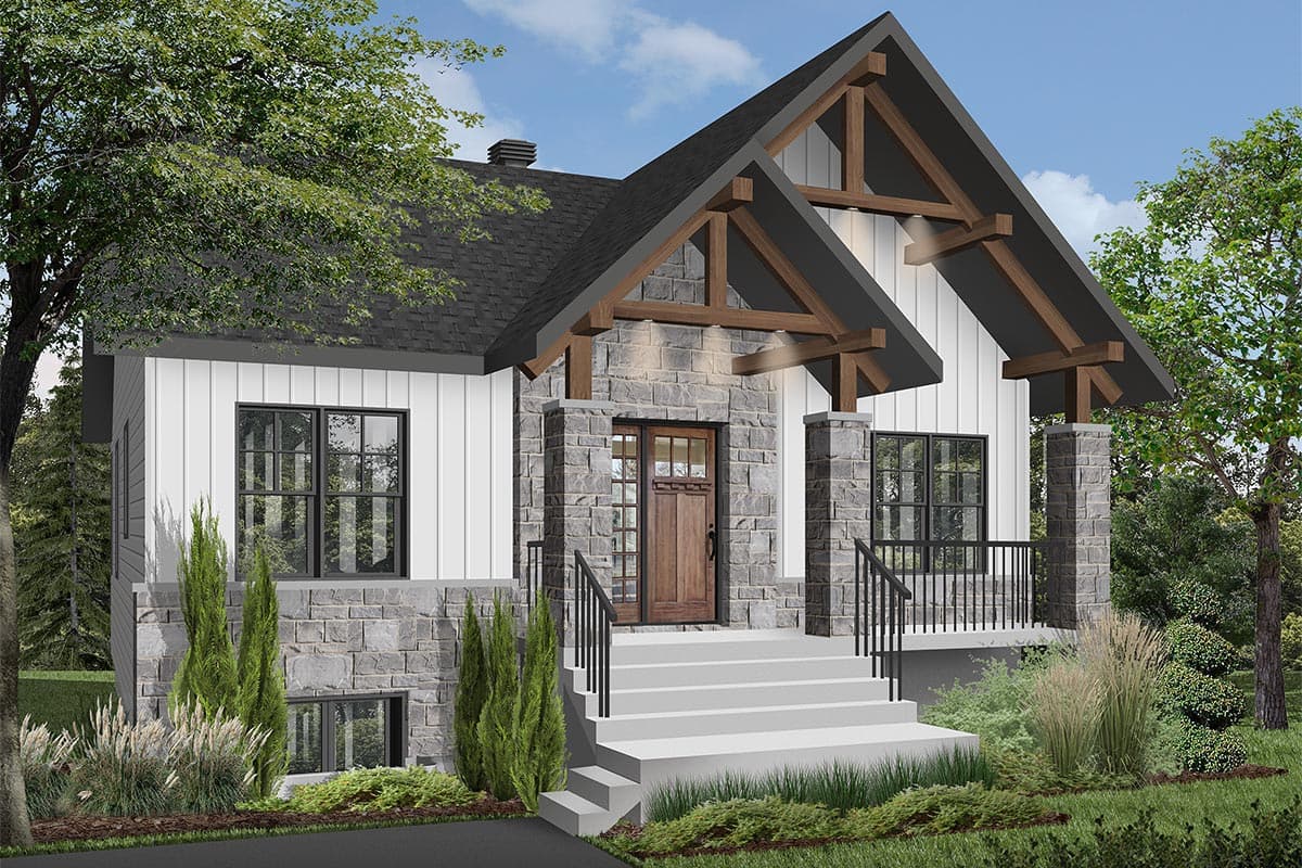 House plan exterior with stone accents, exposed timber framing over front porch, and black roof. Includes a gabled roof and board and batten siding.