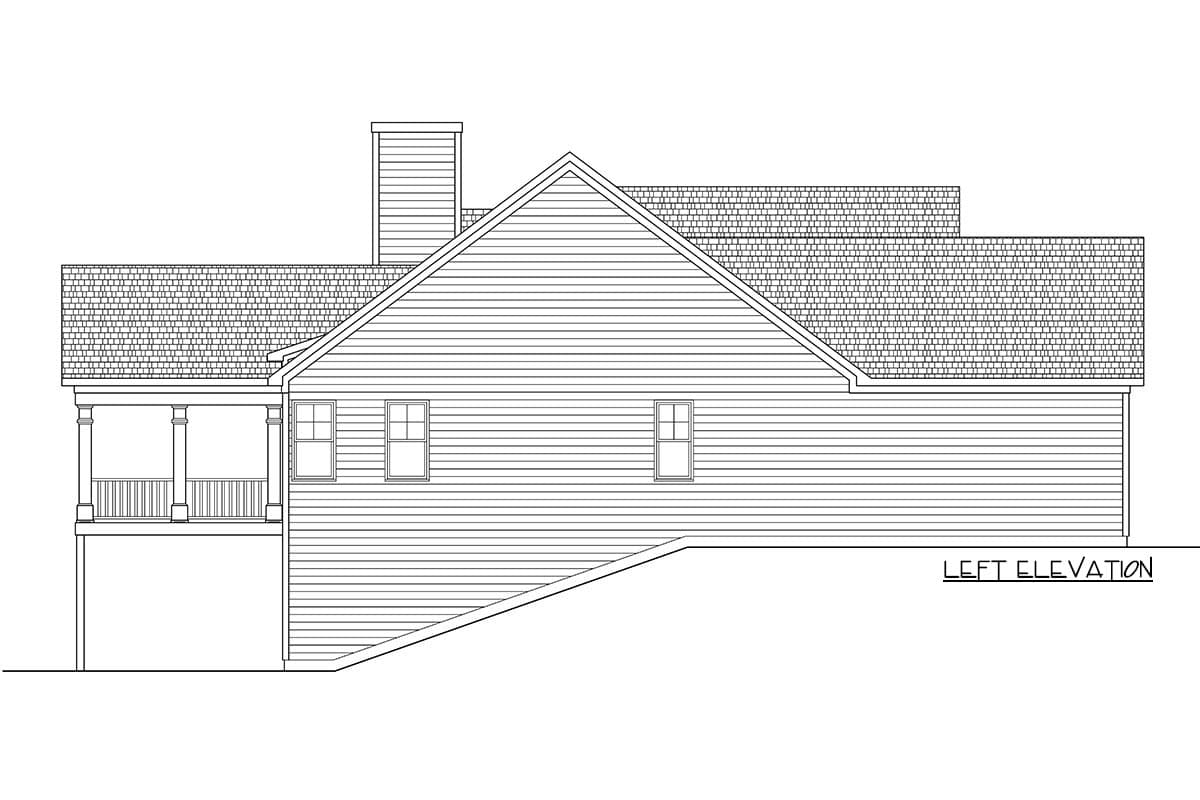 Left elevation of a house plan, showing a covered porch with columns, siding, and a prominent gable.