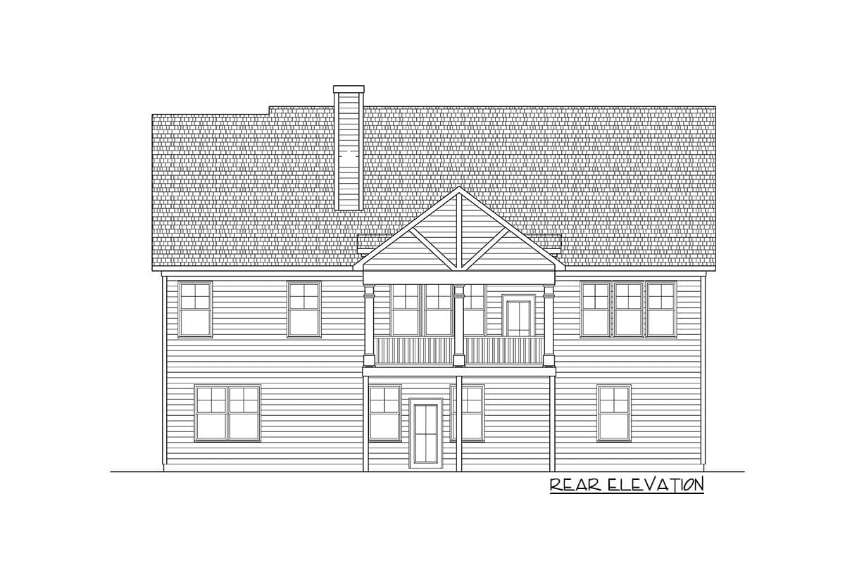 Rear elevation drawing of a two-story house plan with a prominent gable, a covered balcony, and multiple windows.