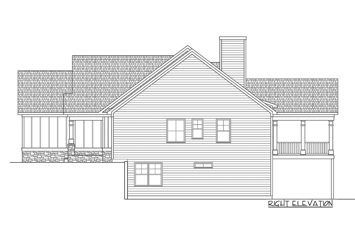 House plan right elevation showing gabled roof, chimney, screened porch, and covered porch with columns.