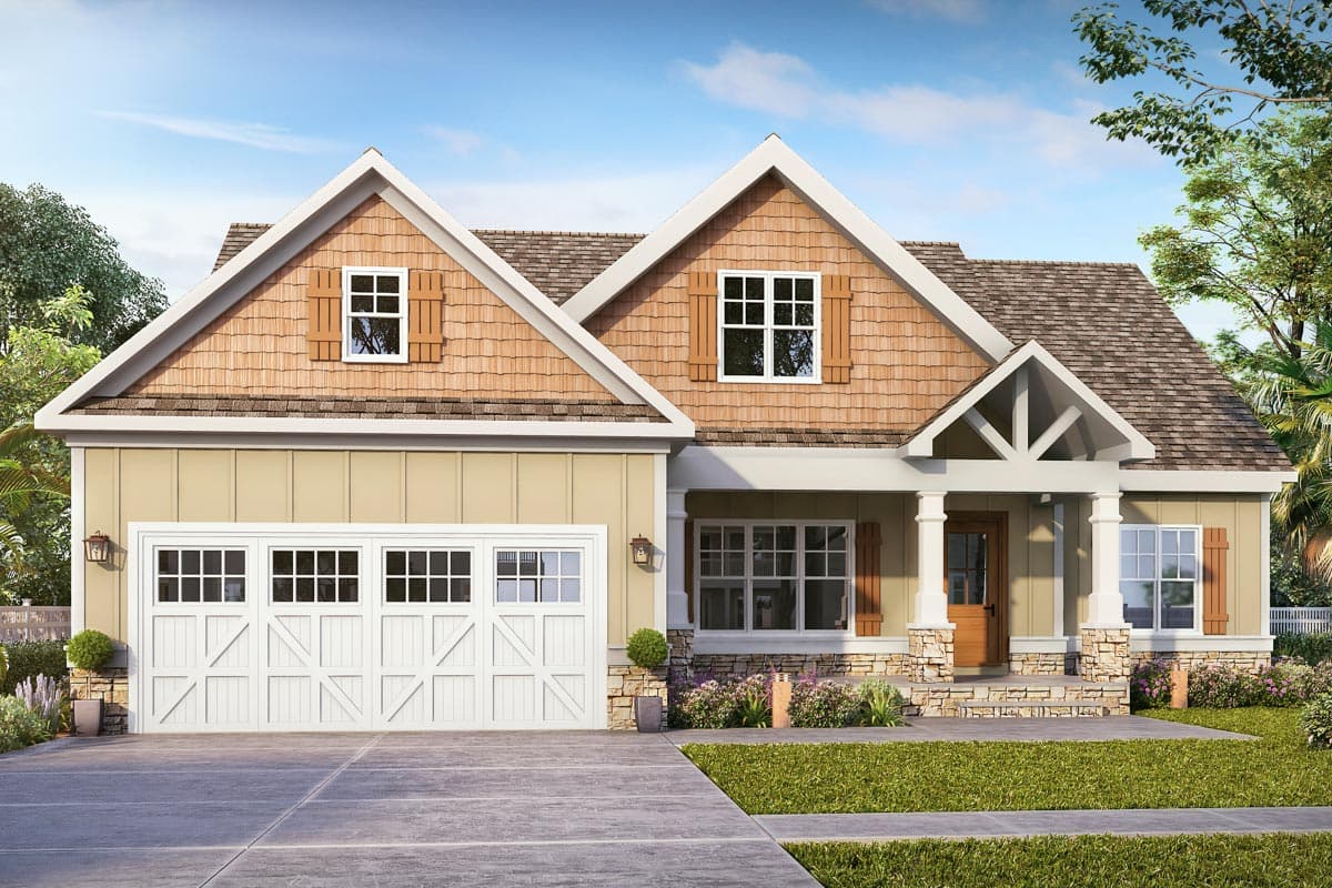 House plan exterior. Two-story, Craftsman-style home with gabled roof, shake siding, and a covered front porch with stone accents.