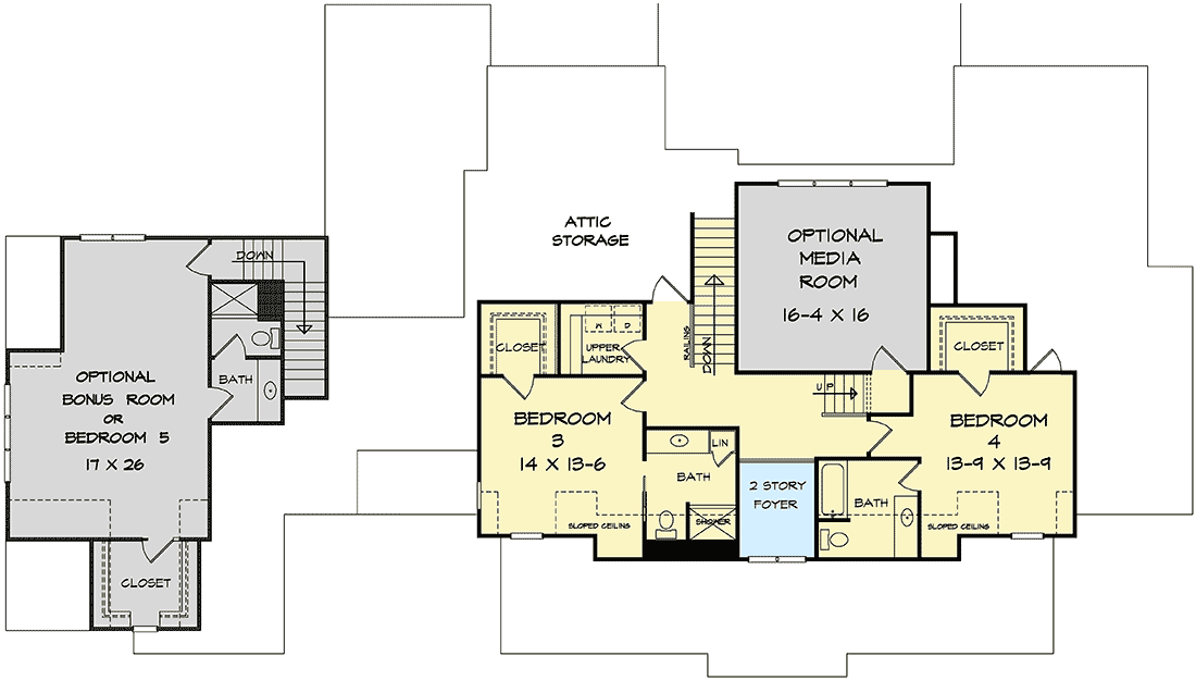 Plan 360049DK: Traditional House Plan with Bonus Over Garage and Sweeping Front Porch - Floor Plan - 2nd Floor - Craftsman, Traditional