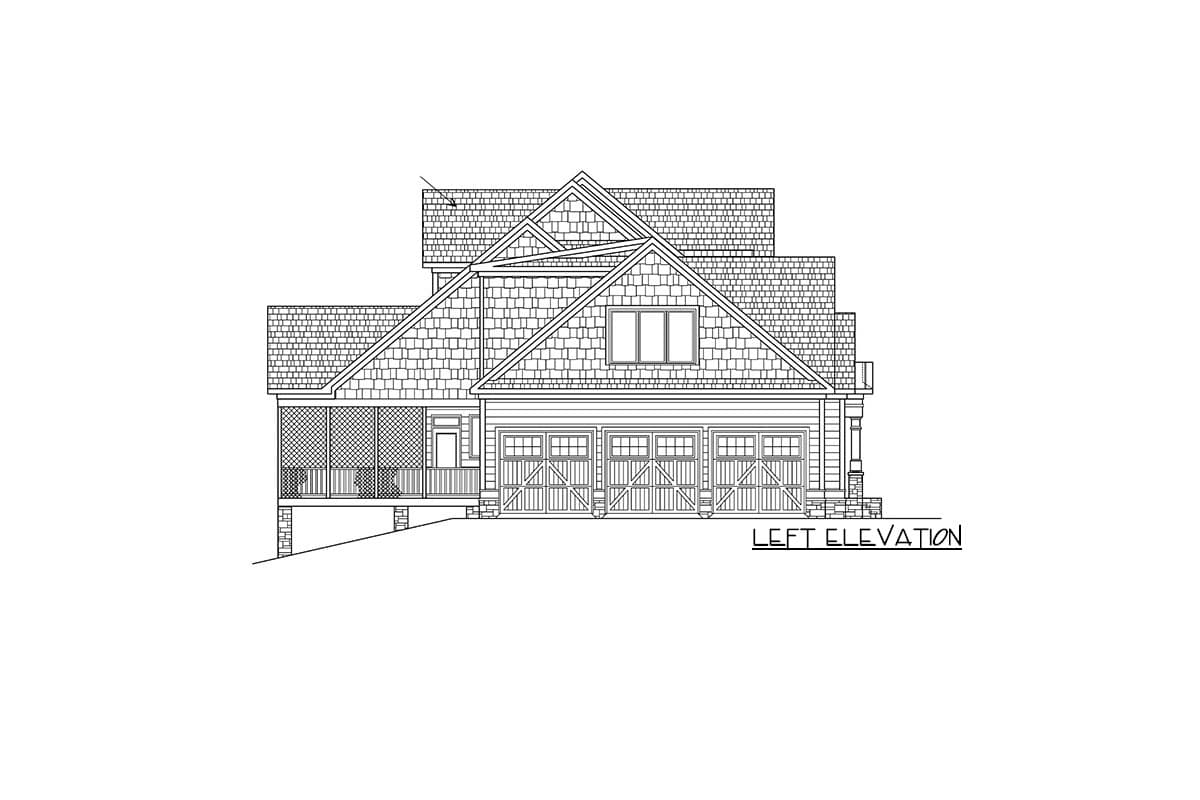 Left elevation drawing of a house plan featuring a screened porch, gables, and a three-car garage.
