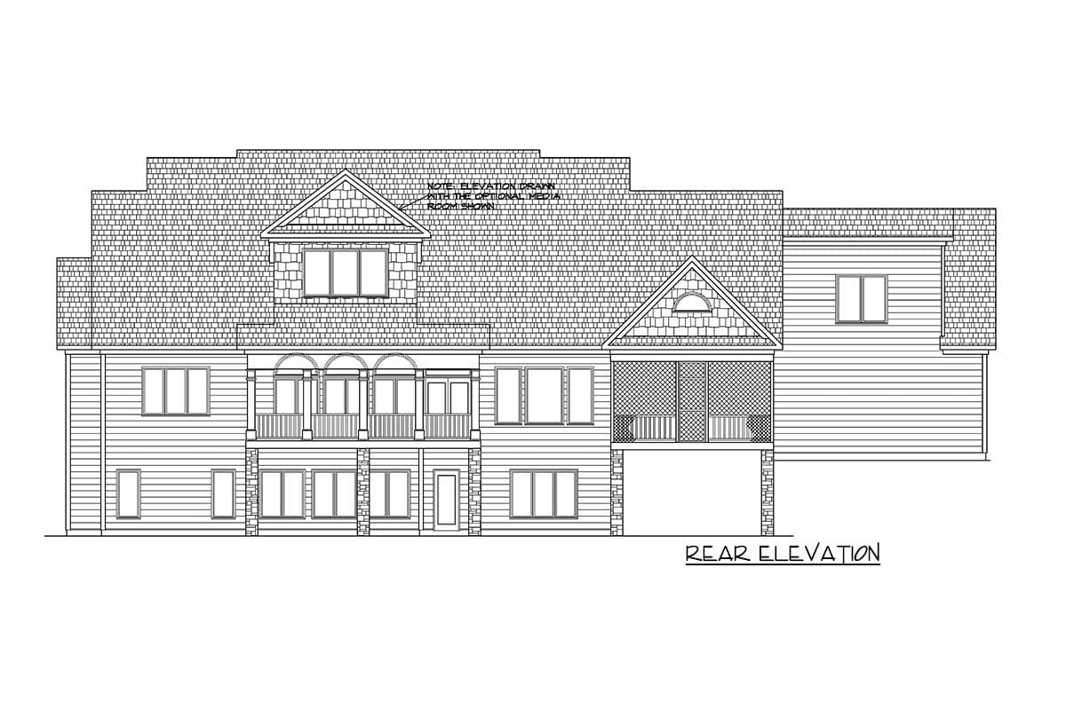 Rear elevation of a multi-story house plan with dormers, arched windows, covered balconies, and a screened porch.