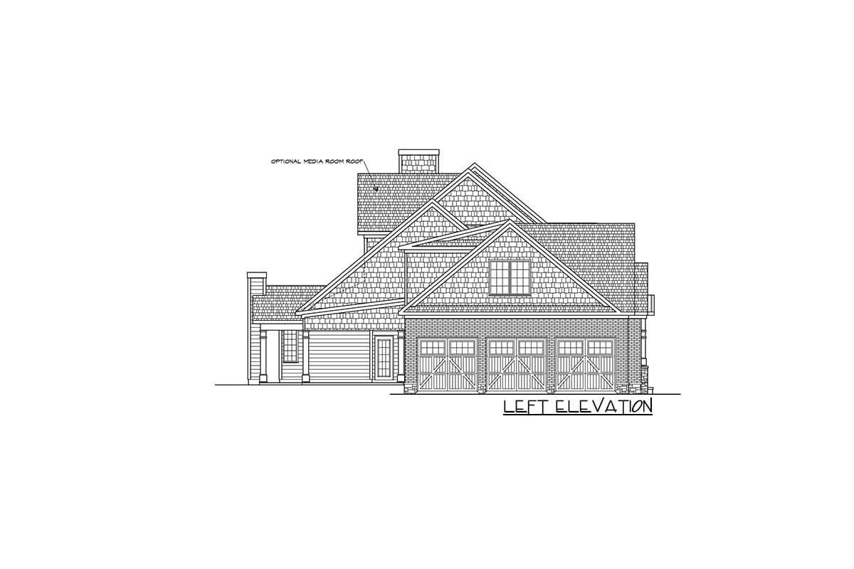 Left elevation house plan drawing showing a multi-story home with a three-car garage, prominent gables, and shingle siding.