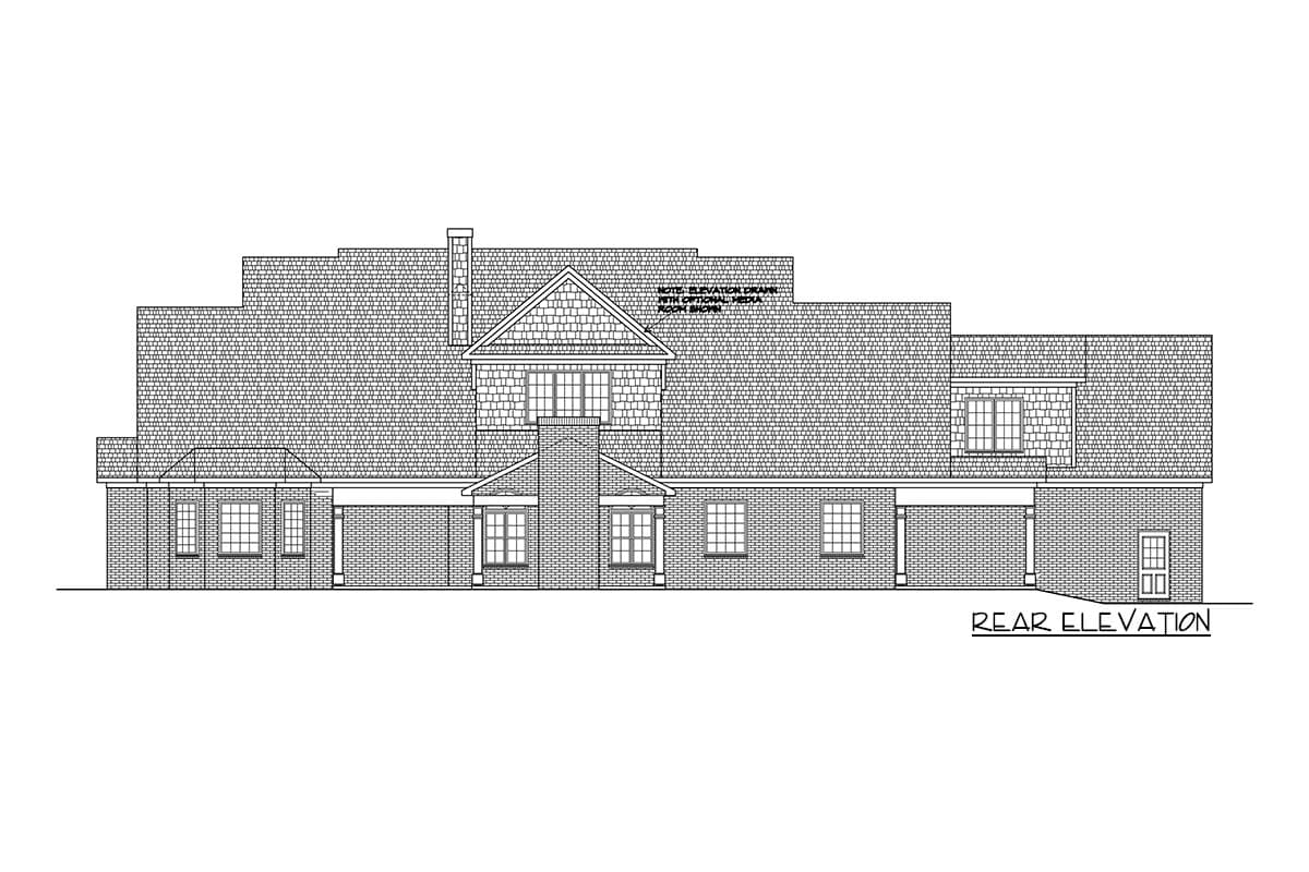Rear elevation drawing of a house plan, featuring multiple gables, a prominent chimney, and a brick facade with a covered porch.