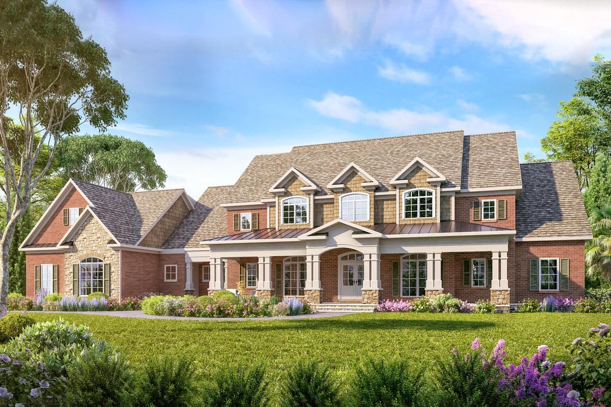 House plan exterior with two stories, a front porch with columns, gables, and a brick and stone facade.
