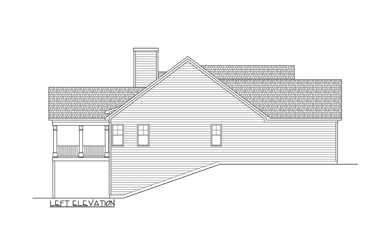 Left elevation drawing of a house plan featuring a covered porch, chimney, multiple gables, and siding.