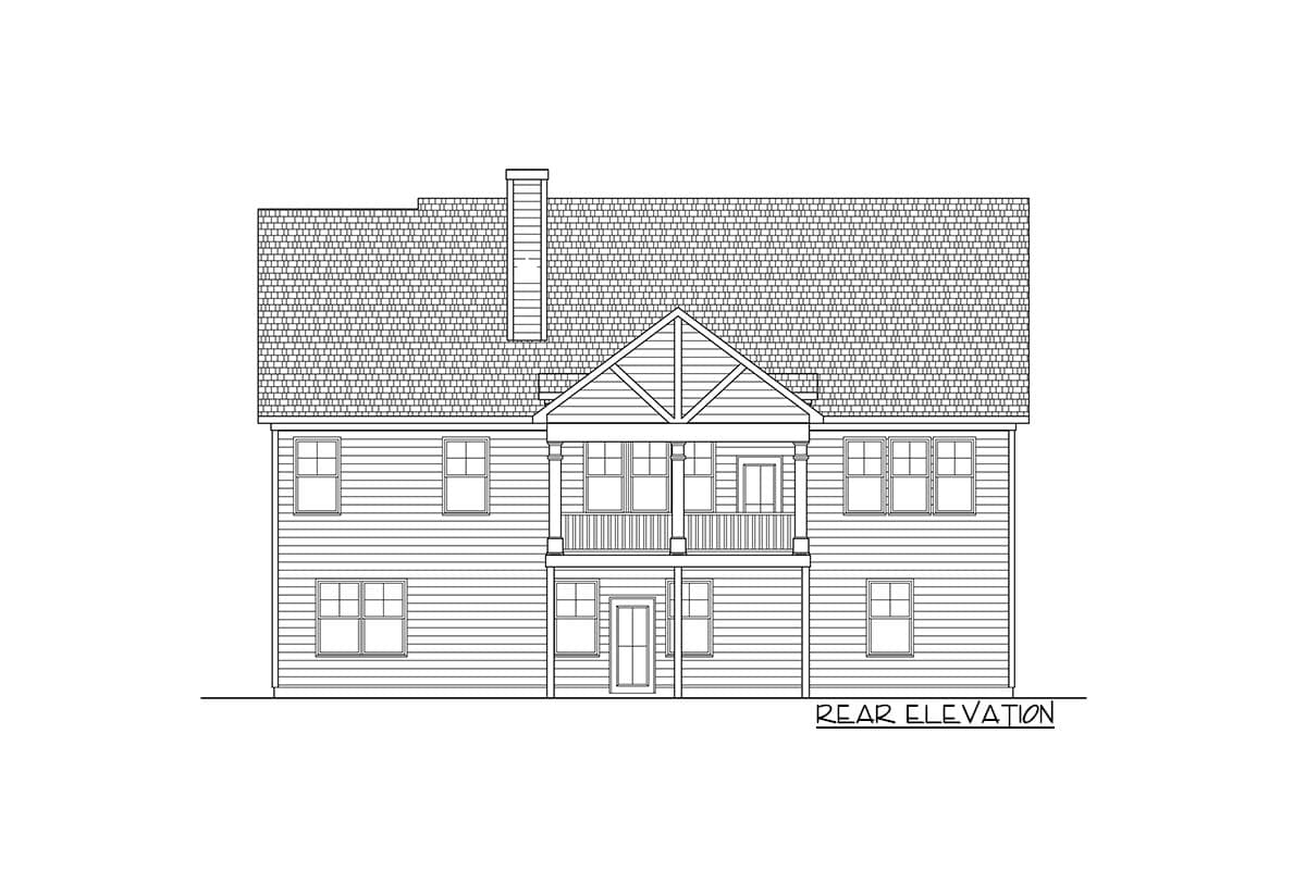 Rear elevation drawing of a two-story house plan with a covered upper balcony, gabled roof, and double front door.