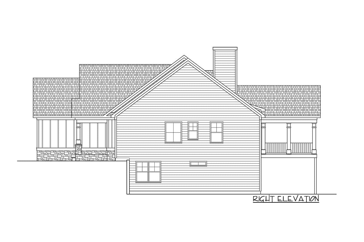 Right elevation house plan showing a two-story structure with gabled rooflines, shingled dormers, stone base, and covered porches.