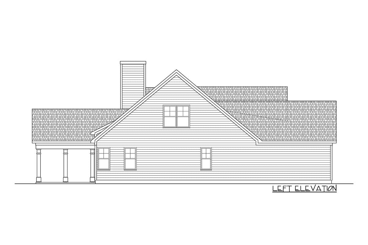 Left elevation house plan with a covered porch, gabled roof, dormer window, and chimney.