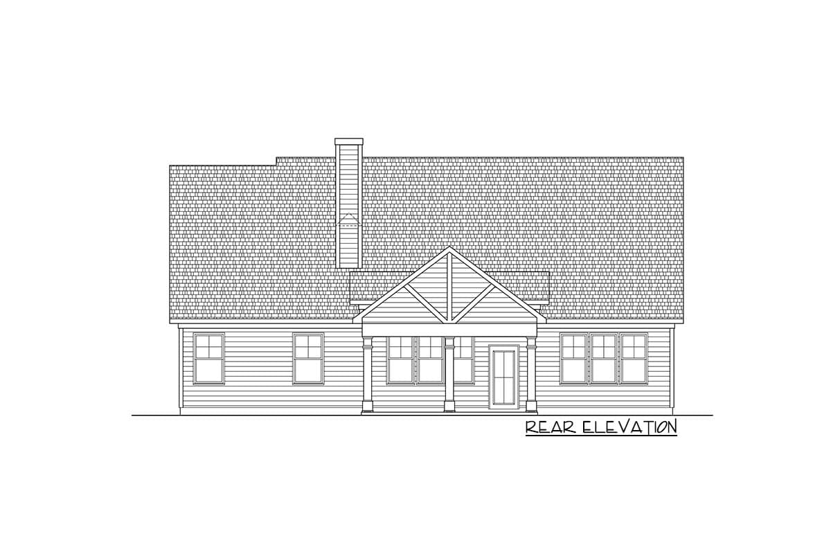 Rear elevation house plan with a covered porch, gabled roof, and prominent chimney.