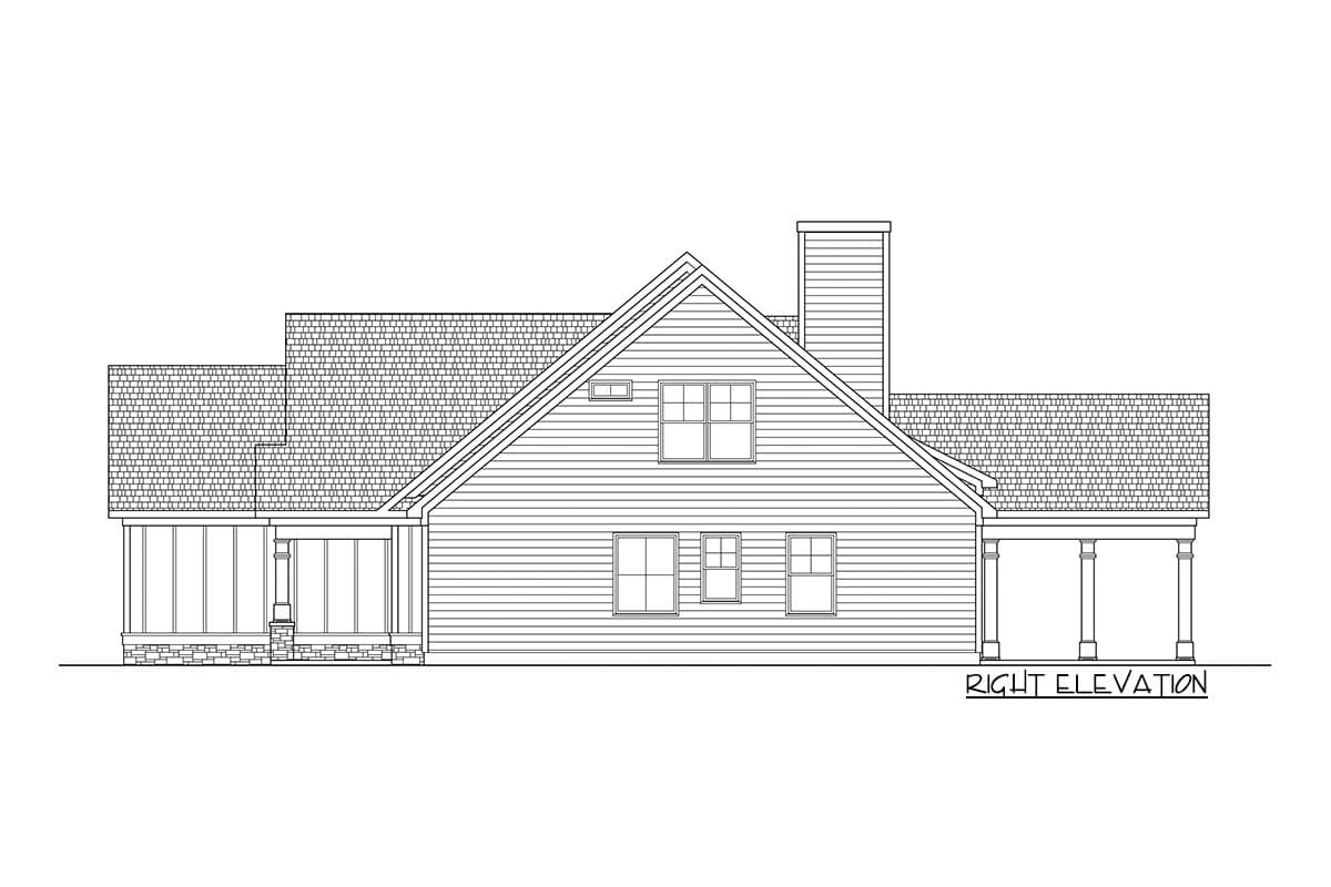 Right elevation house plan with gabled roof, dormer, chimney, and covered porches.
