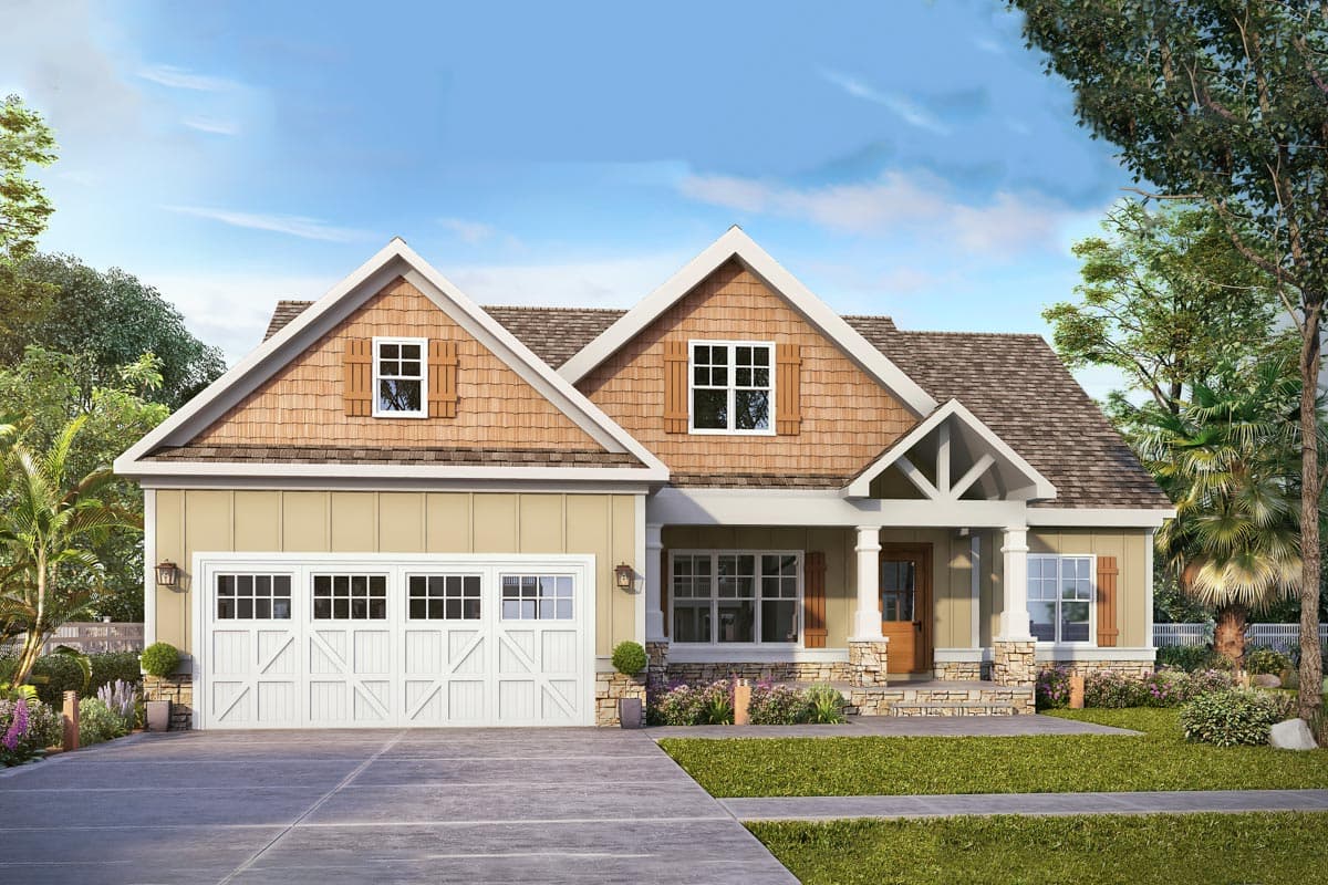 House plan exterior featuring a Craftsman style with a gabled roof, a front porch with columns, and a two-car garage.