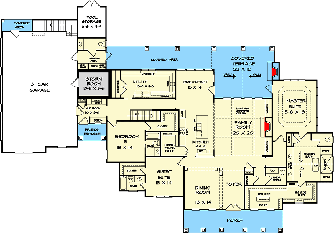 Plan 360053DK: Traditional Two-Story House Plan with Split Beds - Floor Plan - Main Level - Country, Traditional