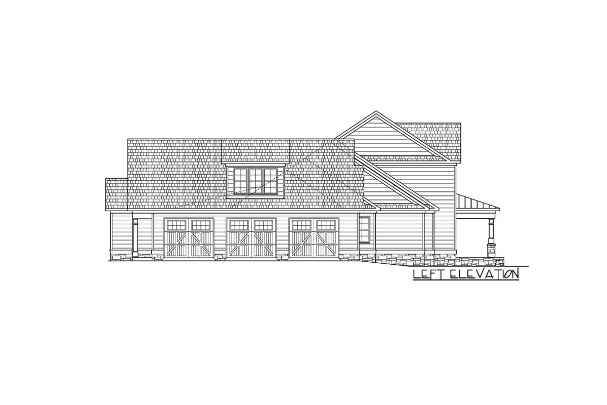 Left elevation house plan showing a two-story structure with a dormer, gable roof, and a four-car garage.