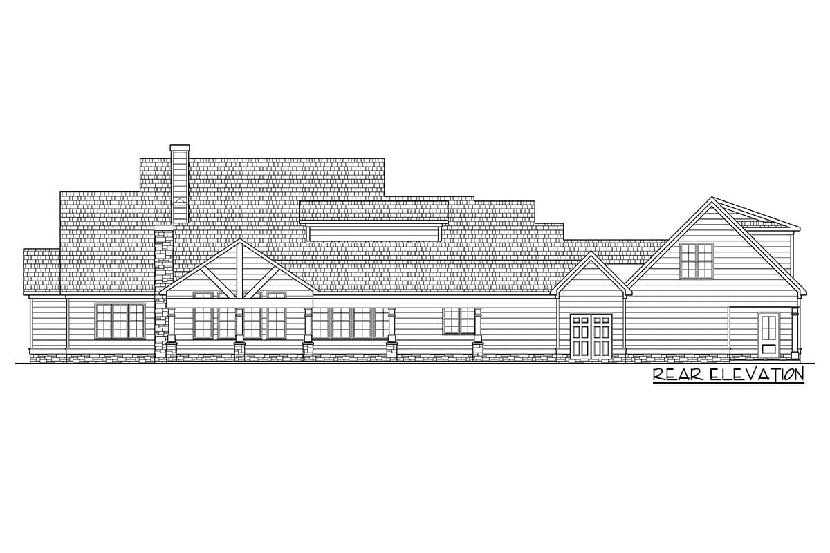 Rear elevation drawing of a ranch house plan with a covered porch, gables, dormers, and a chimney.