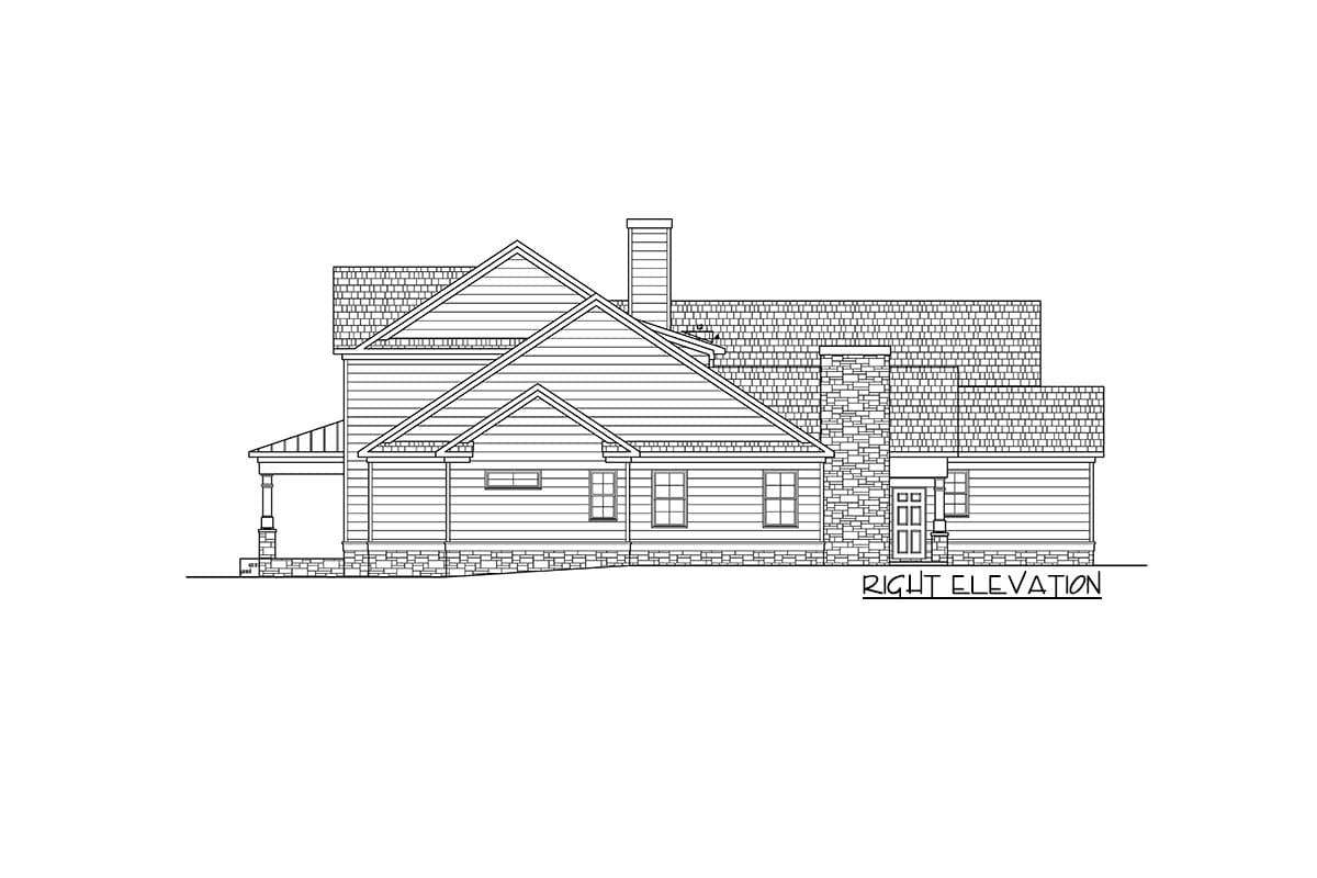 Right elevation house plan drawing showing a multi-story structure with gables, a stone chimney, and a covered entryway.