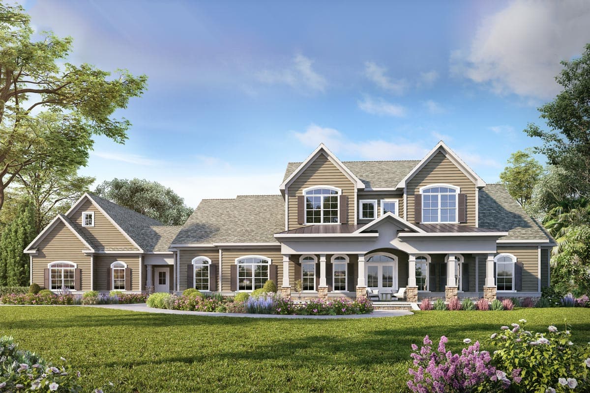 House plan exterior with two stories and a front porch. Features include gables, dormers, and a prominent roofline with multiple pitches.