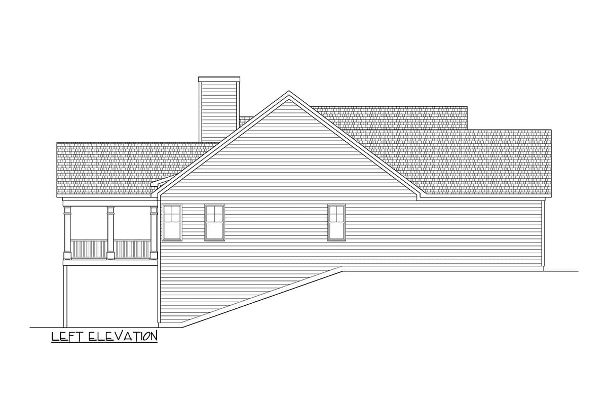 Left elevation house plan showing a covered porch with columns, pitched rooflines, double-hung windows, and a chimney.