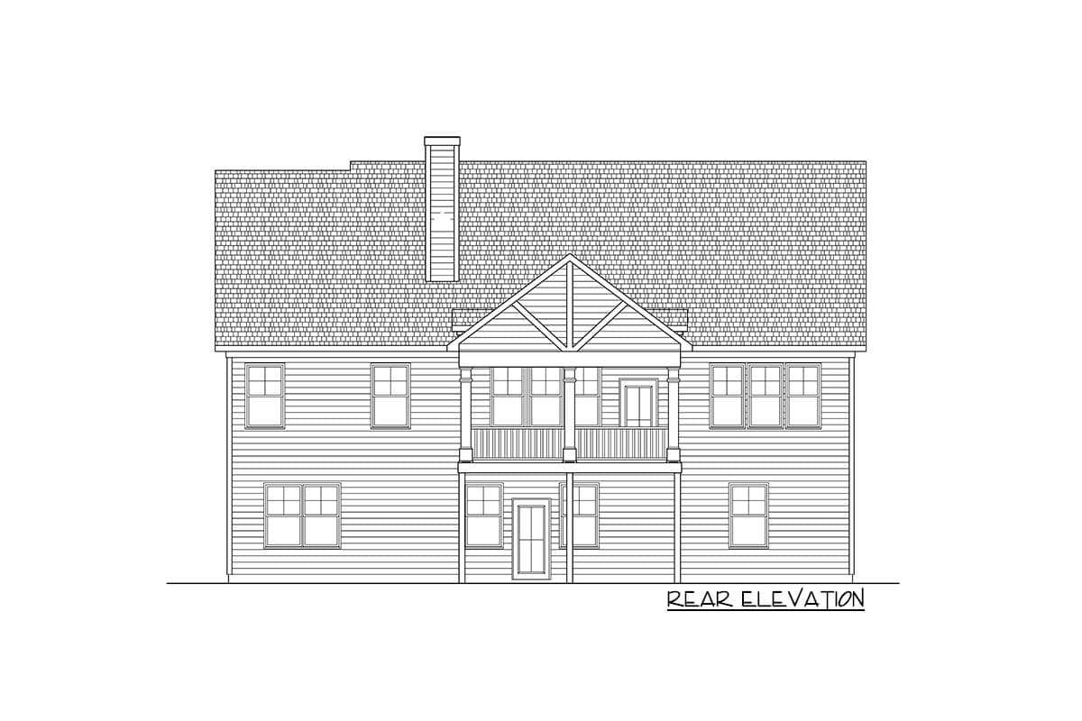 Rear elevation drawing of a two-story house with a covered upper balcony, dormer, and chimney.
