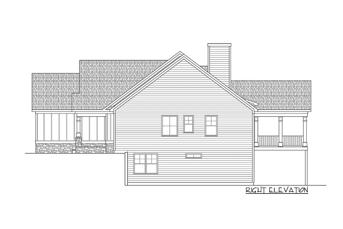 Right elevation house plan: Gable rooflines, siding, porch with columns, screened porch, stone foundation, and multiple windows.