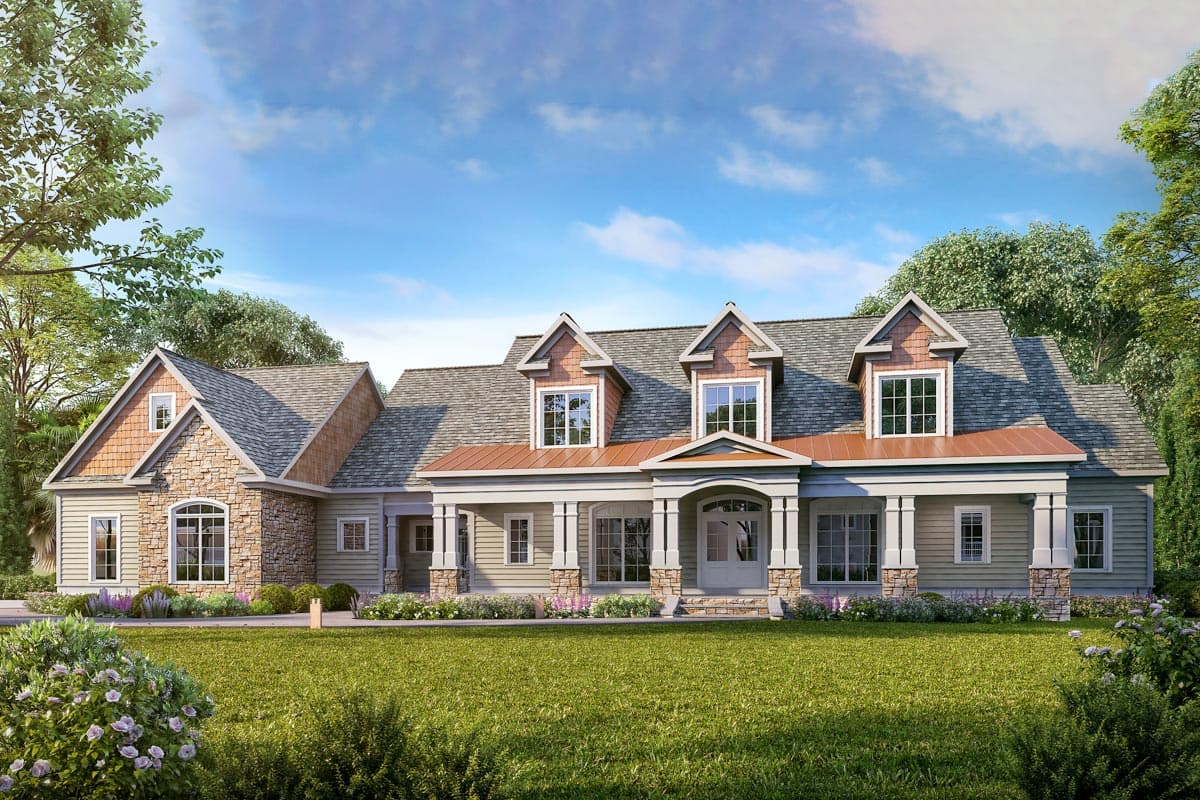 House plan exterior with Craftsman style, single story, prominent gables, porch with columns, and stone accents.