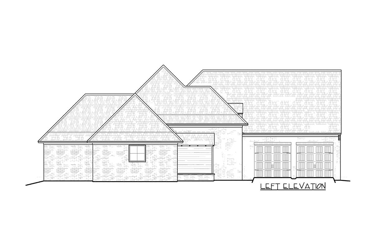 Left elevation of a single-story house plan with a brick exterior, gable rooflines, and a double garage.