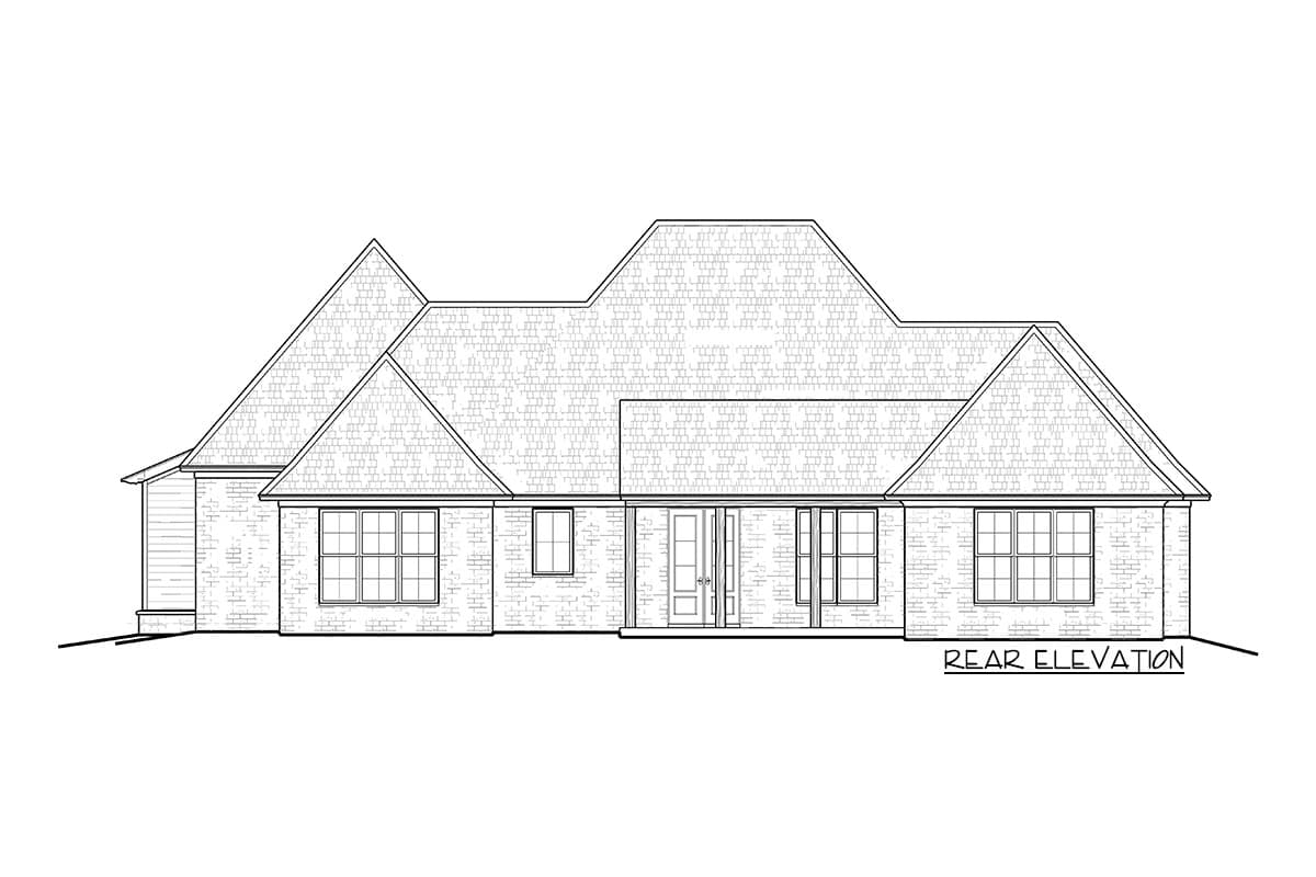 Rear elevation house plan drawing showing a single-story home with multiple gables, brick exterior, and a central entry with double doors.