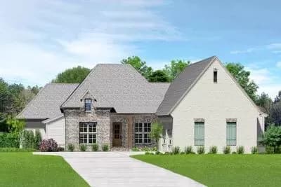 4-Bed Acadian-Style House Plan with Courtyard-Entry Garage