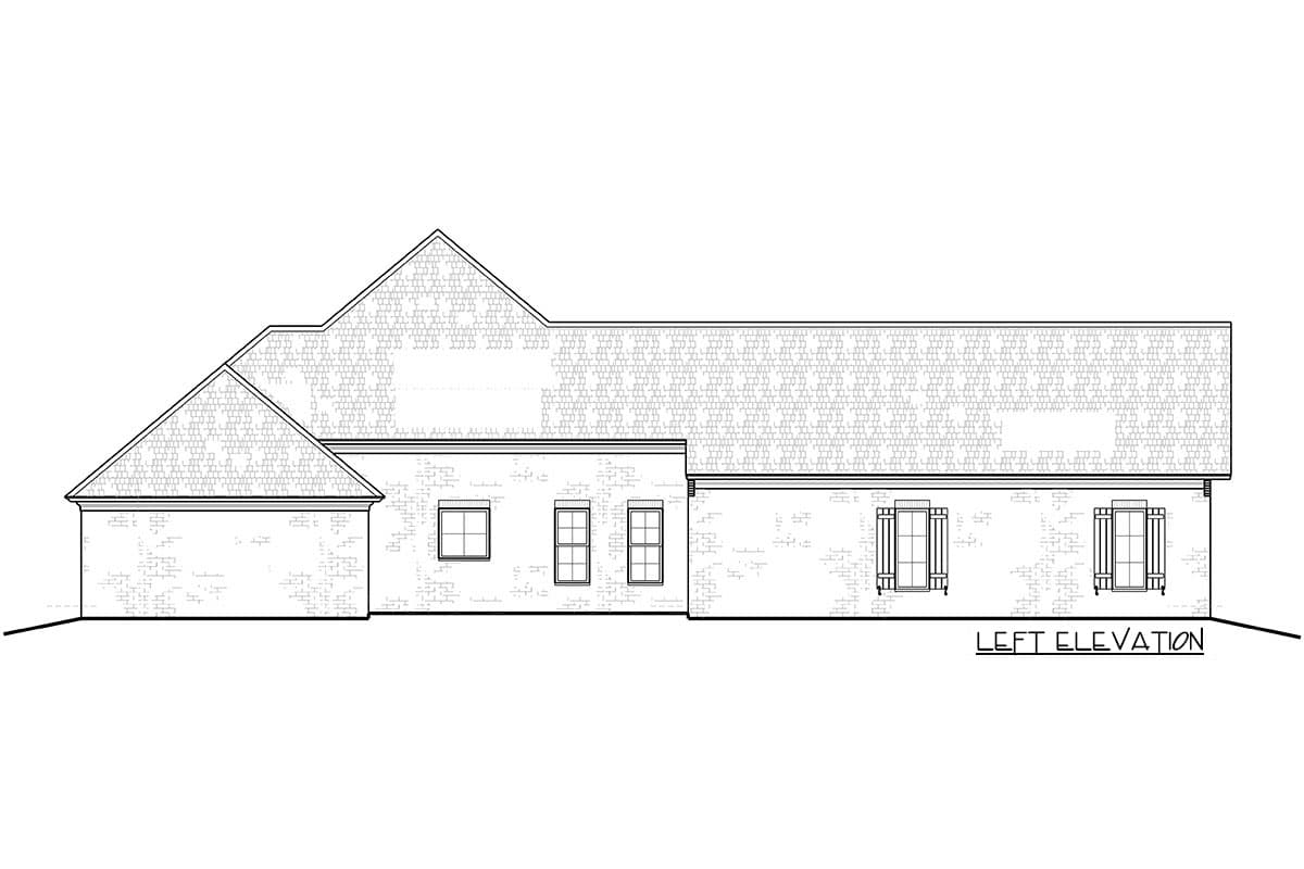 House plan left elevation showing a single-story structure with gabled rooflines, brick exterior, and multiple windows.
