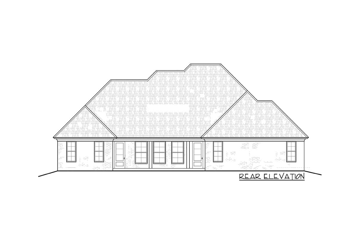 Rear elevation house plan drawing showing a single-story home with hip roof, multiple gables, and a series of windows.