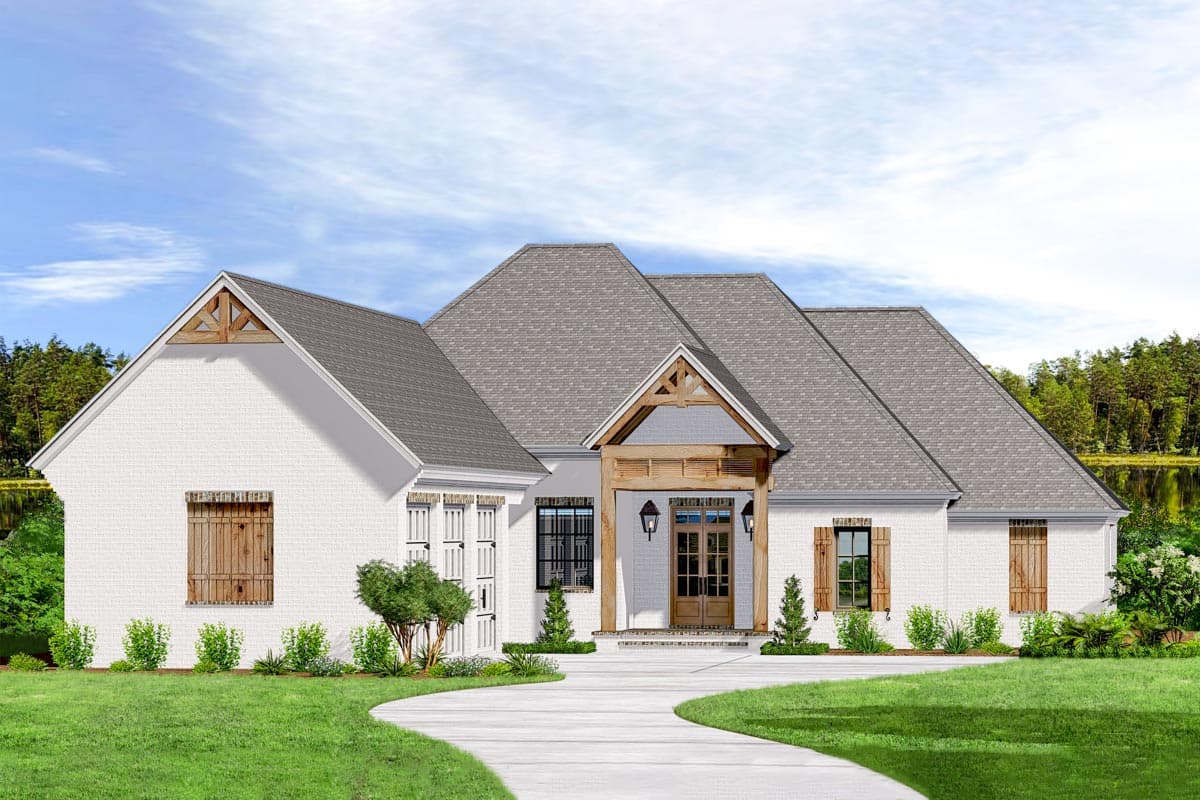House plan exterior rendering. Features a one-story, farmhouse-style home with gabled roof, timber frame entry porch, and wooden shutters.