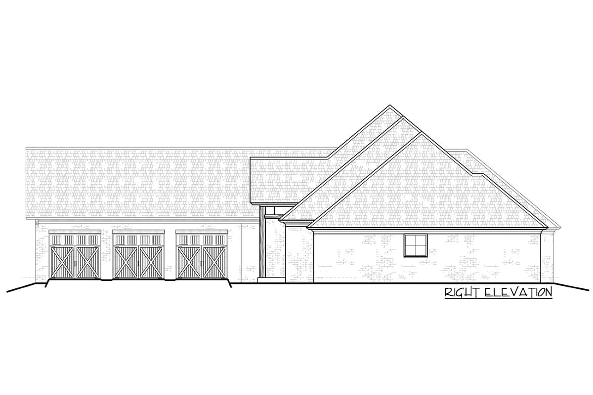 Right elevation house plan showing a side view with a three-car garage, brick exterior, and varied rooflines.