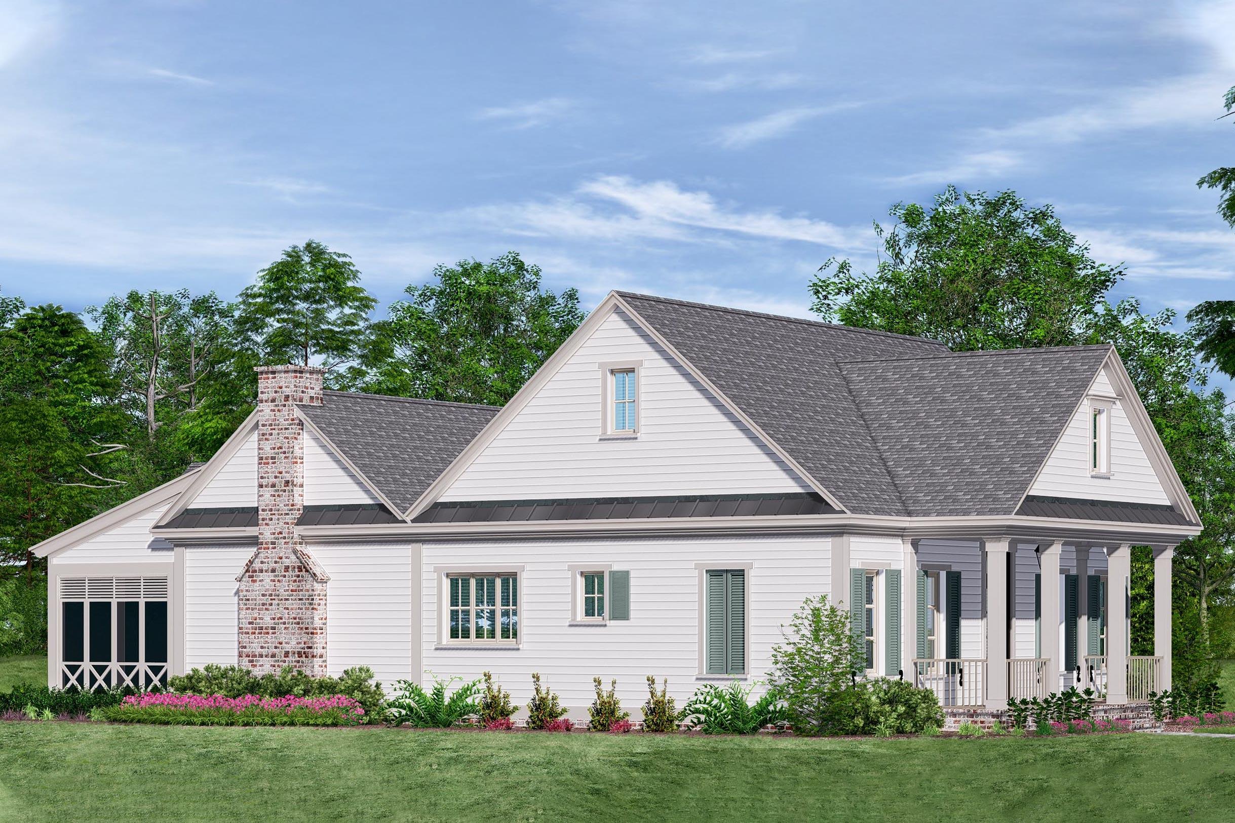 House plan exterior: Southern style, one story, with a large brick chimney, gable dormer, and wrap-around porch with columns.
